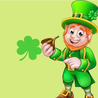 A cartoon leprechaun smiles with clovers decorated in the background