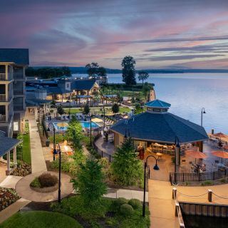 Exterior Shot of Chautauqua Lake Hotel with Sunset and Purple Clouds