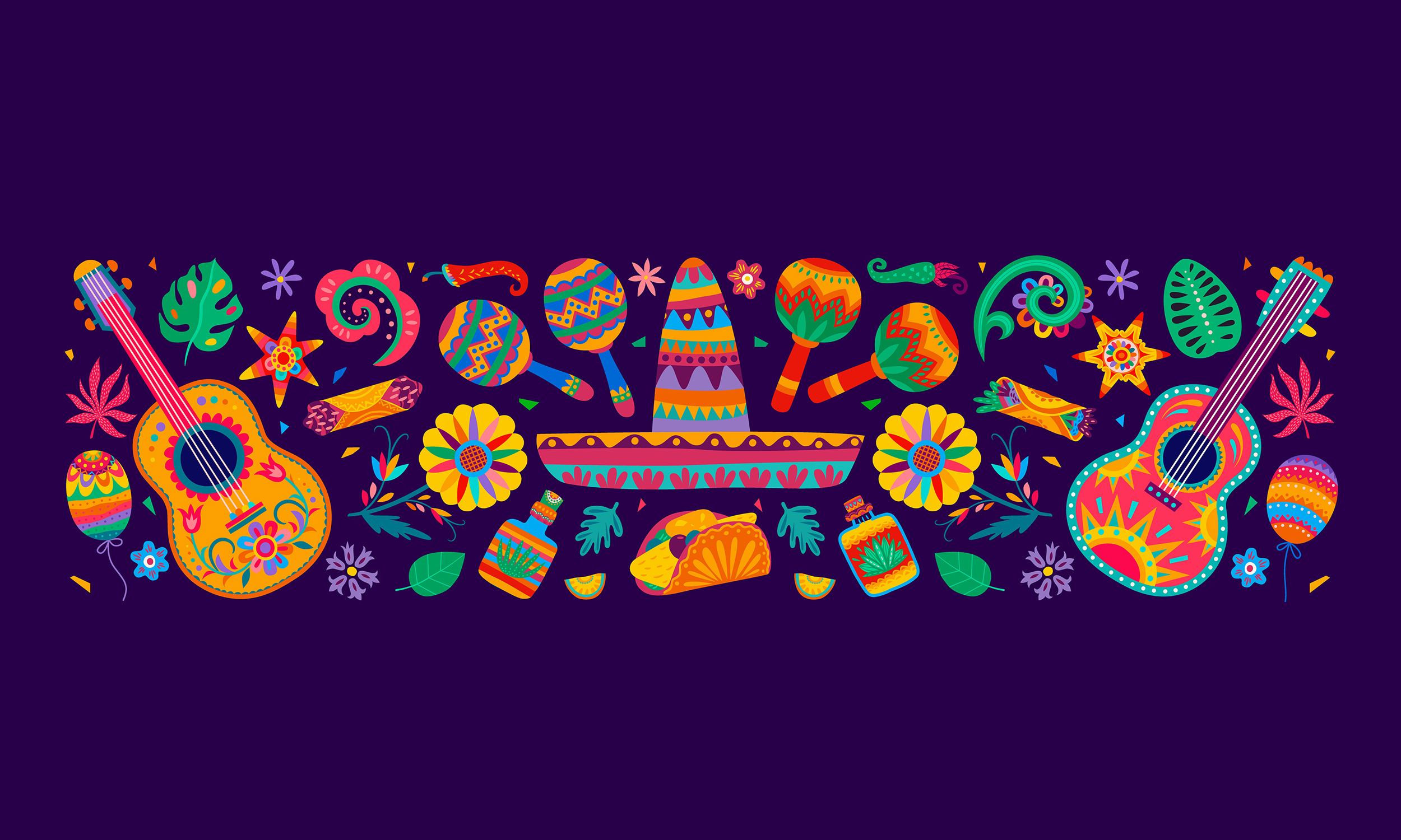 A colorful illustration of different Mexican-themed objects, such as a sombrero and tacos