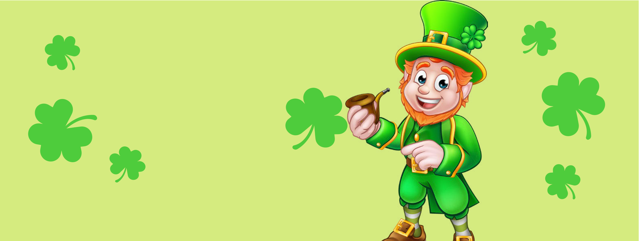 A cartoon leprechaun smiles with clovers decorated in the background